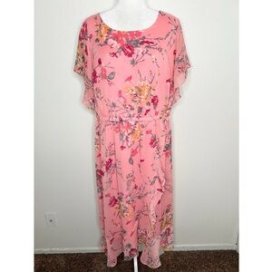 Lane Bryant Pink Floral Chiffon Hi-Low Dress Flutter Sleeve Plus Size 18 EUC